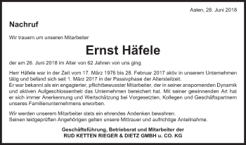 Traueranzeige von Ernst Häfele von Schwäbische Post