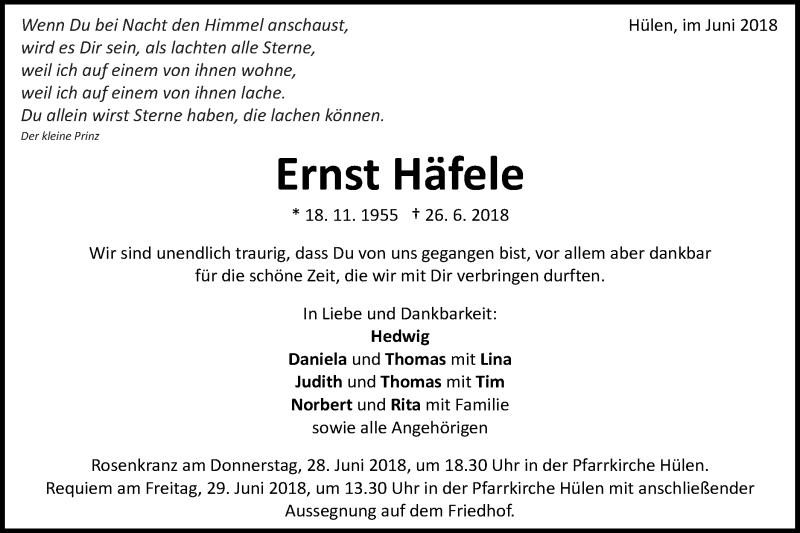  Traueranzeige für Ernst Häfele vom 28.06.2018 aus Schwäbische Post