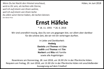 Traueranzeige von Ernst Häfele von Schwäbische Post