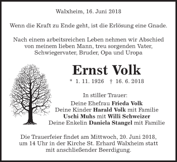 Traueranzeige von Ernst Volk von Schwäbische Post