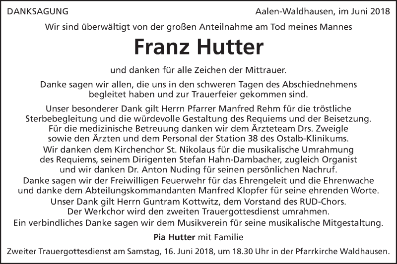  Traueranzeige für Franz Hutter vom 13.06.2018 aus Schwäbische Post