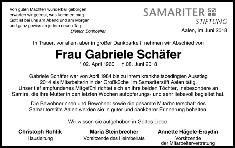  Traueranzeige für Gabriele Schäfer vom 09.06.2018 aus Schwäbische Post