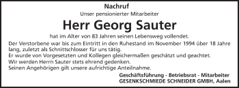 Traueranzeige von Georg Sauter von Schwäbische Post