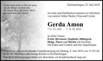 Traueranzeige von Gerda Amon von Schwäbische Post