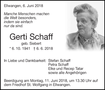 Traueranzeige von Gerti Schaff von Schwäbische Post