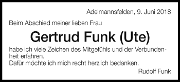 Traueranzeige von Gertrud Funk von Schwäbische Post