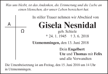 Traueranzeige von Gisela Nesnidal von Schwäbische Post