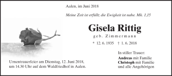 Traueranzeige von Gisela Rittig von Schwäbische Post
