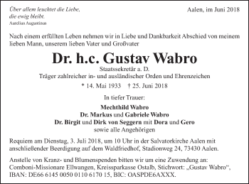 Traueranzeige von Gustav Wabro von Schwäbische Post