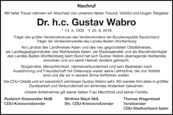 Traueranzeige von Gustav Wabro von Schwäbische Post