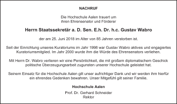 Traueranzeige von Gustav Wabro von Schwäbische Post