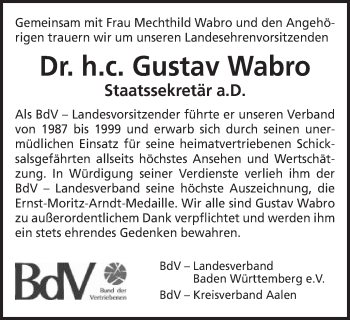 Traueranzeige von Gustav Wabro von Schwäbische Post