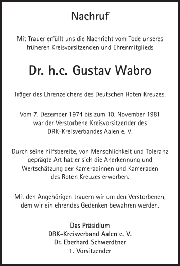 Traueranzeige von Gustav Wabro von Schwäbische Post