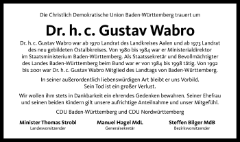 Traueranzeige von Gustav Wabro von Schwäbische Post