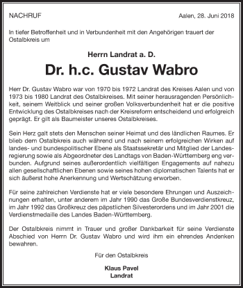 Traueranzeige von Gustav Wabro von Schwäbische Post
