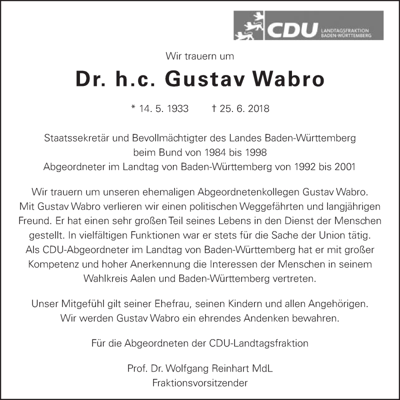  Traueranzeige für Gustav Wabro vom 29.06.2018 aus Schwäbische Post
