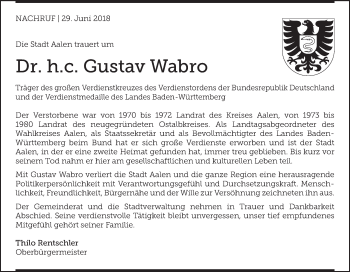 Traueranzeige von Gustav Wabro von Schwäbische Post