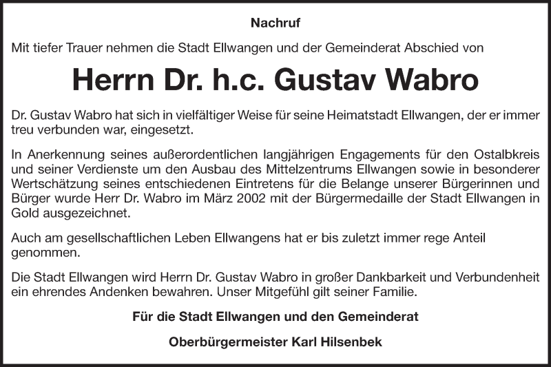 Traueranzeige für Gustav Wabro vom 29.06.2018 aus Schwäbische Post