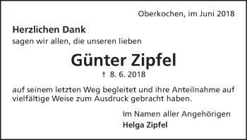 Traueranzeige von Günter Zipfel von Amtsblatt_Oko