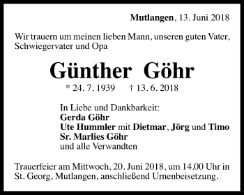 Traueranzeige von Günther Göhr von Gmünder Tagespost