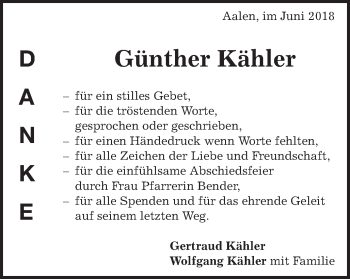 Traueranzeige von Günther Kähler von Schwäbische Post