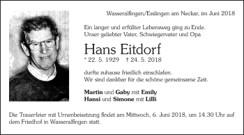 Traueranzeige von Hans Eitdorf von Schwäbische Post