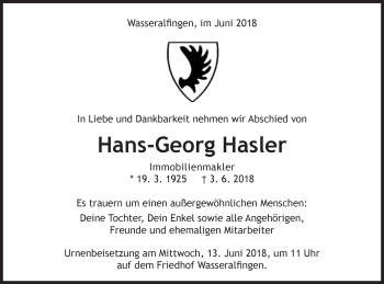 Traueranzeige von Hans-Georg Hasler von Schwäbische Post