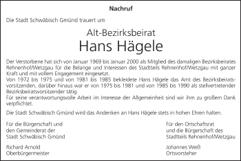 Traueranzeige von Hans Hägele von Gmünder Tagespost