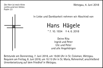 Traueranzeige von Hans Hägele von Gmünder Tagespost