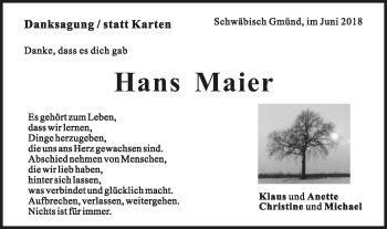 Traueranzeige von Hans Maier von Gmünder Tagespost
