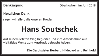 Traueranzeige von Hans Soutschek von Schwäbische Post