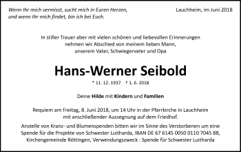 Traueranzeige von Hans-Werner Seibold von Schwäbische Post