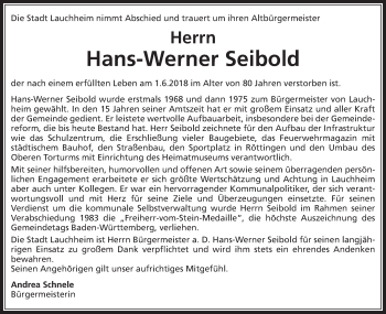 Traueranzeige von Hans-Werner Seibold von Schwäbische Post