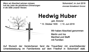 Traueranzeige von Hedwig Huber von Gmünder Tagespost