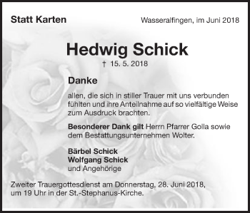 Traueranzeige von Hedwig Schick von Schwäbische Post