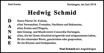 Traueranzeige von Hedwig Schmid von Gmünder Tagespost