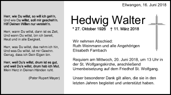 Traueranzeige von Hedwig Walter von Schwäbische Post