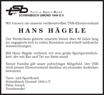 Traueranzeige von Heinz Hägele von Gmünder Tagespost
