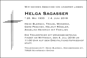 Traueranzeige von Helga Sagasser von Gmünder Tagespost