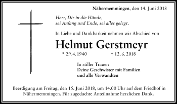 Traueranzeige von Helmut Gerstmeyr von Schwäbische Post