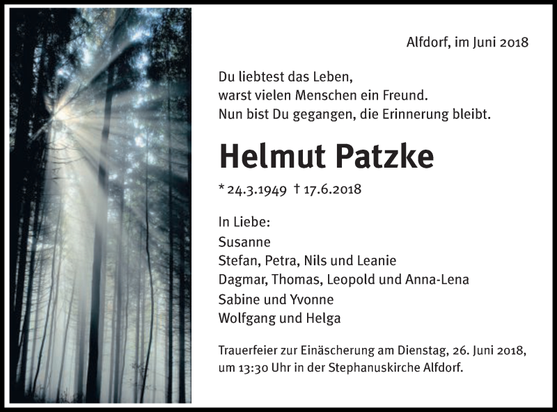  Traueranzeige für Helmut Patzke vom 22.06.2018 aus Gmünder Tagespost