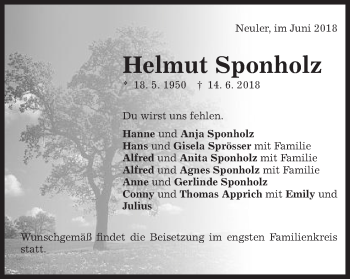 Traueranzeige von Helmut Sponholz von Schwäbische Post