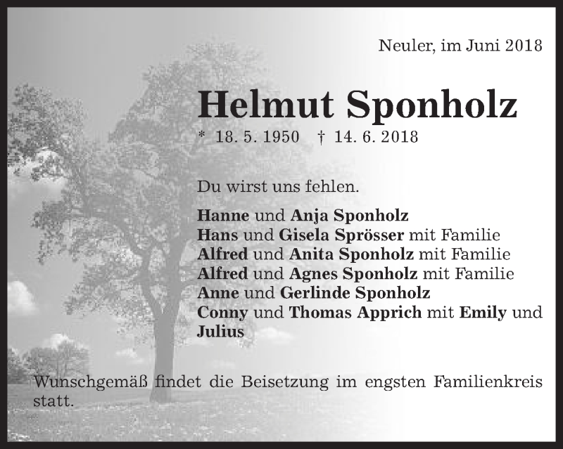  Traueranzeige für Helmut Sponholz vom 19.06.2018 aus Schwäbische Post