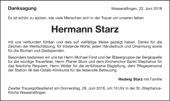 Traueranzeige von Hermann Starz von Schwäbische Post