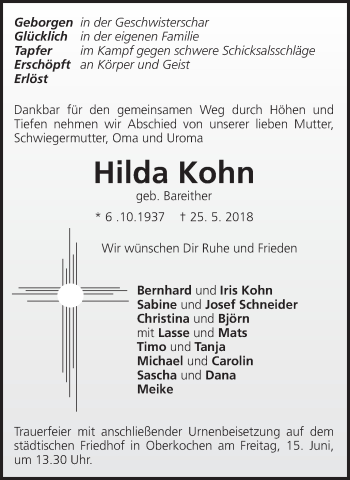 Traueranzeige von Hilda Kohn von Schwäbische Post