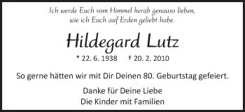 Traueranzeige von Hildegard Lutz von Schwäbische Post