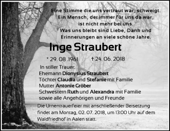Traueranzeige von Inge Straubert von Schwäbische Post