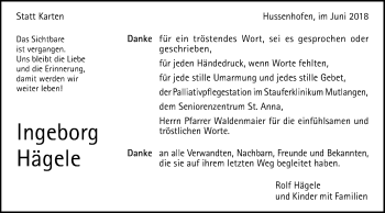 Traueranzeige von Ingeborg Hägele von Gmünder Tagespost