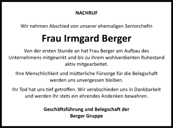 Traueranzeige von Irmgard Berger von Gmünder Tagespost