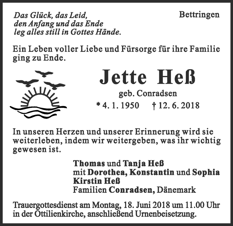  Traueranzeige für Jette Heß vom 15.06.2018 aus Gmünder Tagespost